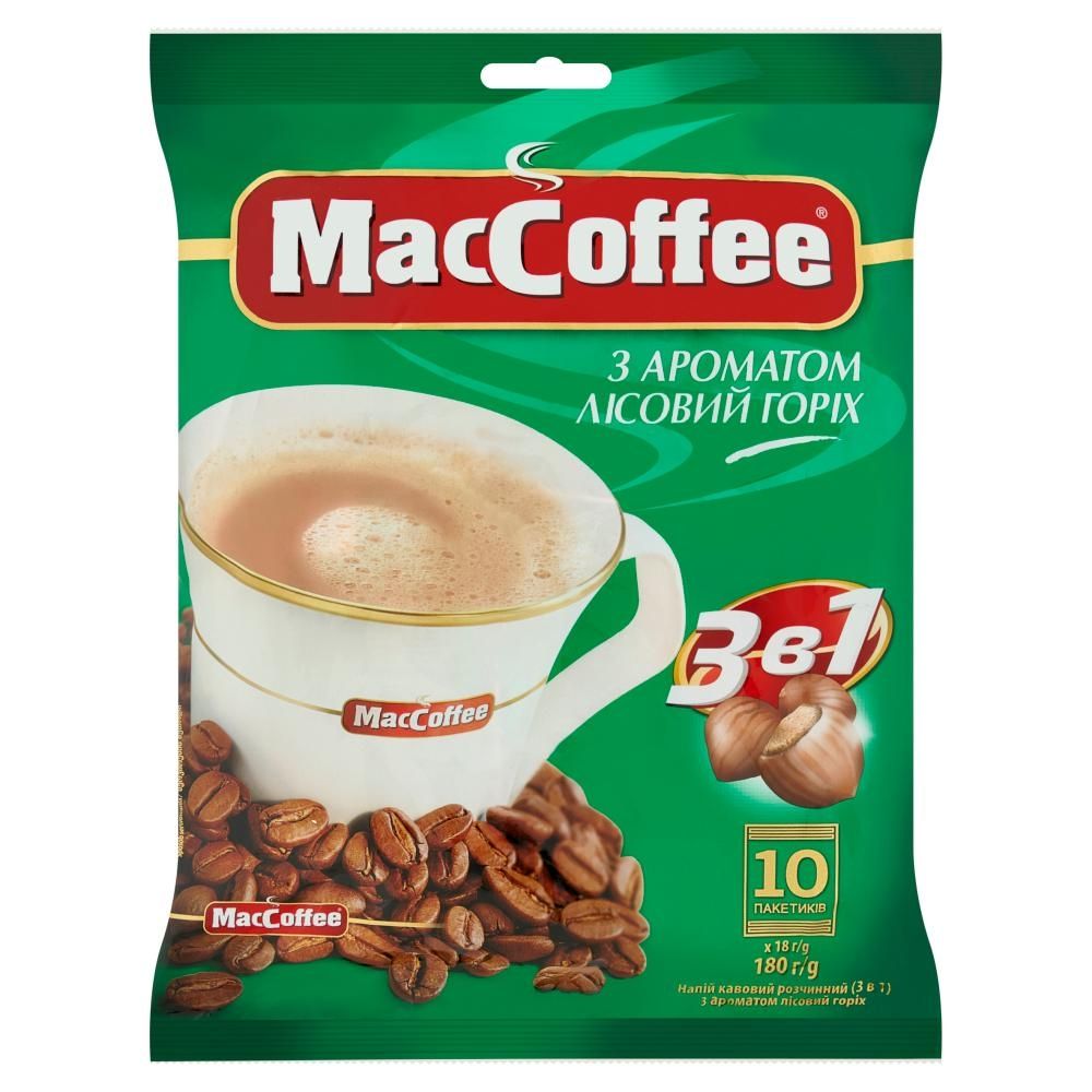 MacCoffee Rozpuszczalny napój kawowy 3 w 1 o smaku orzecha laskowego 180 g (10 x 18 g)