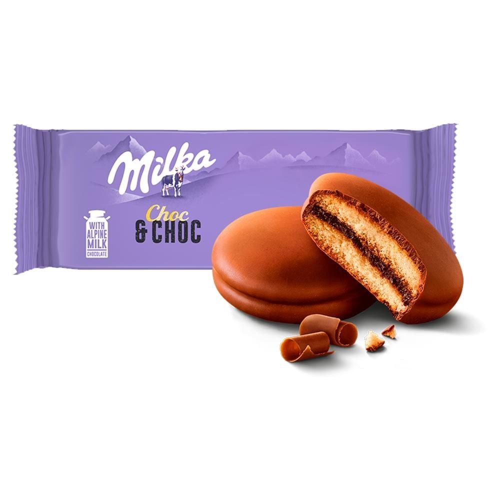 Milka Choc & Choc Ciastka biszkoptowe przekładane nadzieniem kakaowym oblane czekoladą mleczną 150 g