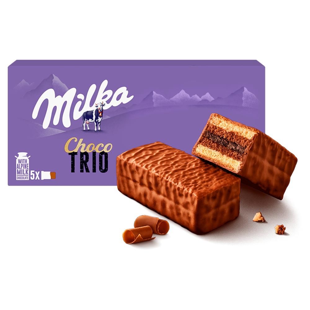 Milka Choco Trio Ciastko biszkoptowe z nadzieniem kakaowym oblane czekoladą mleczną 150 g (5 sztuk)