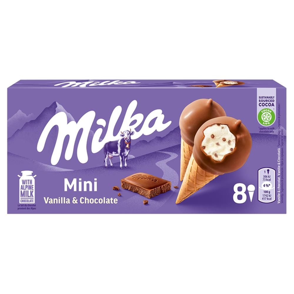 Milka Mini rożki waflowe wypełnione lodami o smaku waniliowym 200 ml (8 x 25 ml)