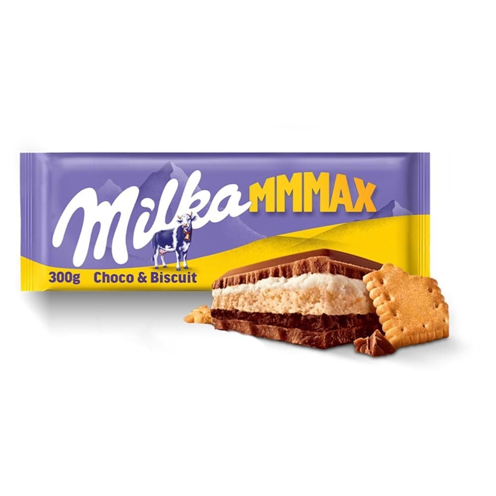 Milka Mmmax Czekolada mleczna z herbatnikiem i nadzieniem kakaowym 300 g