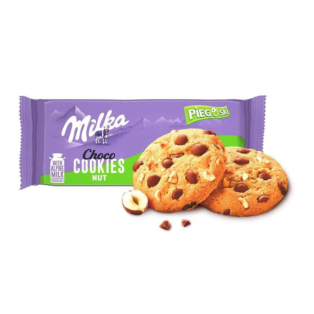 Milka Pieguski Choco Cookies Nut Ciasteczka z kawałkami czekolady mlecznej i orzechami 135 g