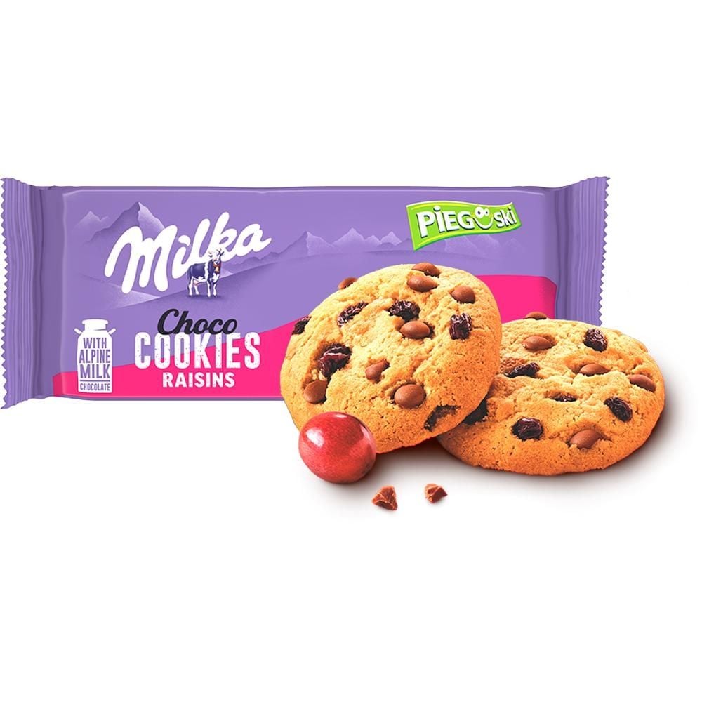 Milka Pieguski Choco Cookies Raisins Ciasteczka z kawałkami czekolady mlecznej i rodzynkami 135 g