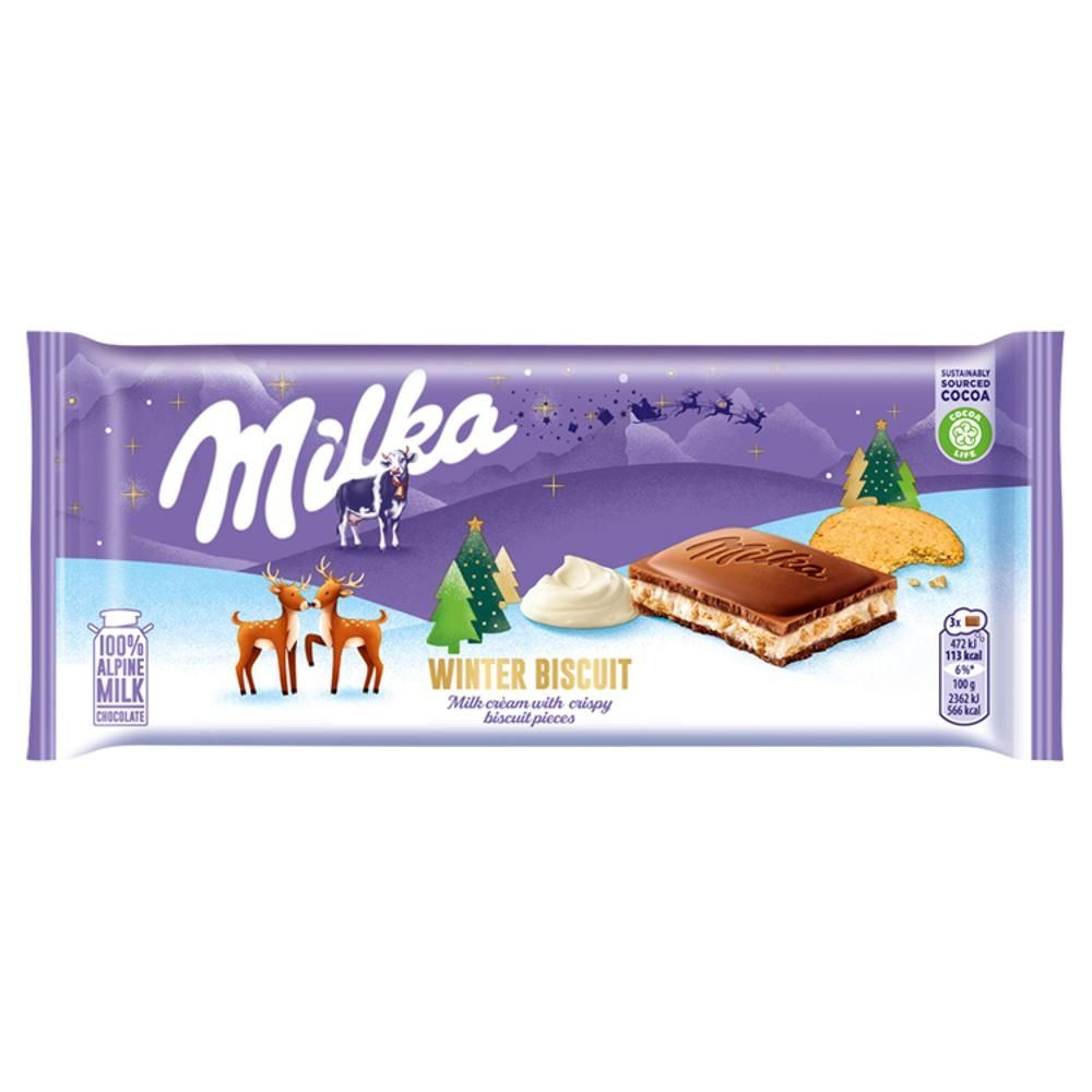 Milka Winter Biscuit Czekolada mleczna z nadzieniem mlecznym oraz kawałki ciasteczek 100 g