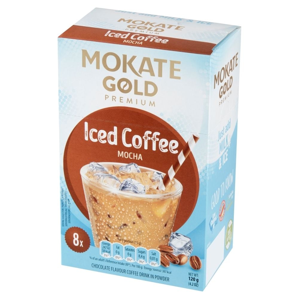 Mokate Gold Premium Iced Coffee Napój kawowy w proszku o smaku czekoladowym 120 g (8 x 15 g)