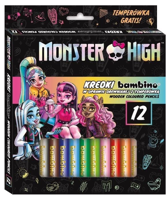 MONSTER HIGH Kredki BAMBINO w oprawie drewnianej 12 kolorów z temperówką