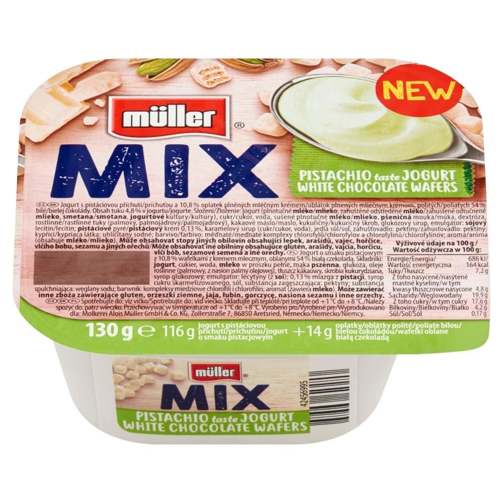 Müller Mix Jogurt o smaku pistacjowym z wafelkami z kremem mlecznym oblanymi białą czekoladą 130 g