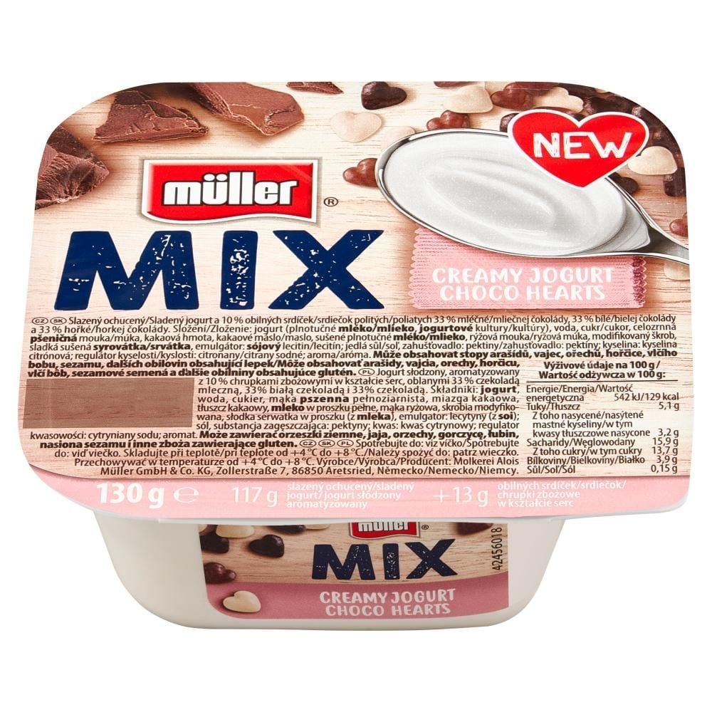 Müller Mix Jogurt słodzony aromatyzowany z chrupkami zbożowymi w kształcie serc 130 g