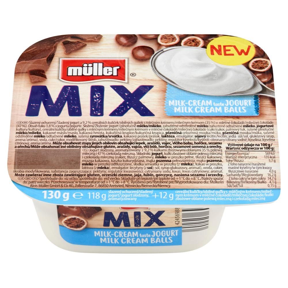 Müller Mix Jogurt z kulkami zbożowymi oblanymi polewą mleczną i czekoladą mleczną 130 g