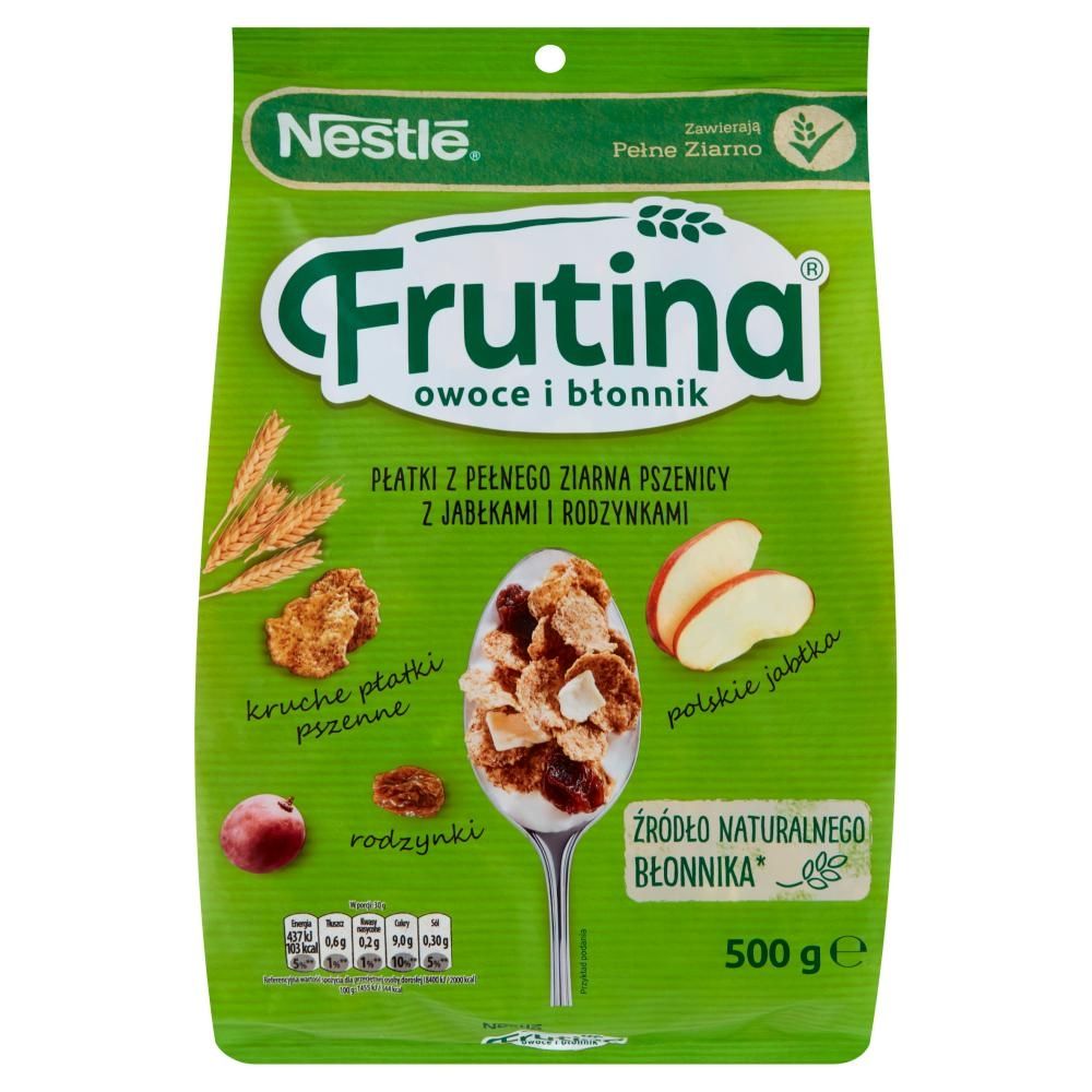 Nestlé Frutina Owoce i Błonnik Płatki z pełnego ziarna pszenicy z jabłkami i rodzynkami 500 g