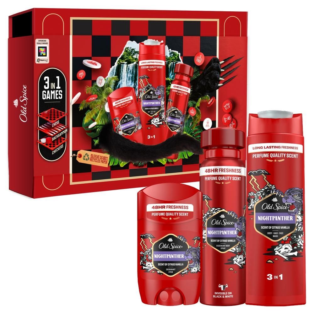 Old Spice Night Panther Gamebox Zestaw upominkowy z grą, dezodorantem w sprayu, sztyftem i żelem