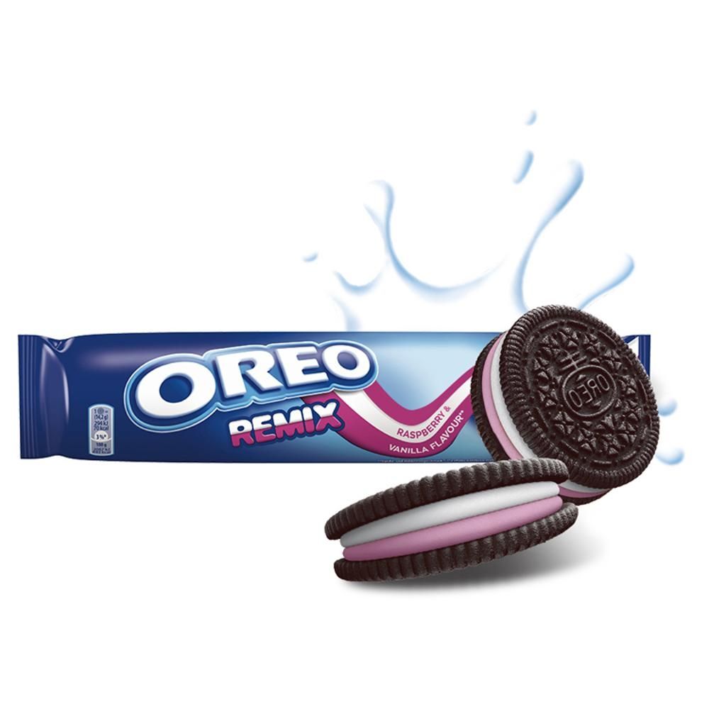 Oreo Remix Ciastka kakaowe z nadzieniem o smaku waniliowo-malinowym 157 g