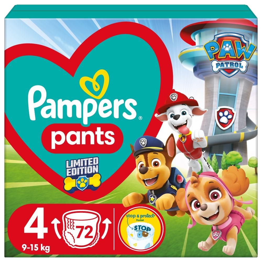 Pampers Baby-Dry Nappy Pants Pieluchomajtki edycja Psi Patrol rozmiar 4, 72 pieluszek, 9kg-15kg