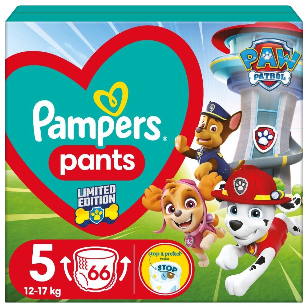 Pampers Baby-Dry Nappy Pants Pieluchomajtki edycja Psi Patrol rozmiar 5, 66 pieluszek, 12kg-17kg