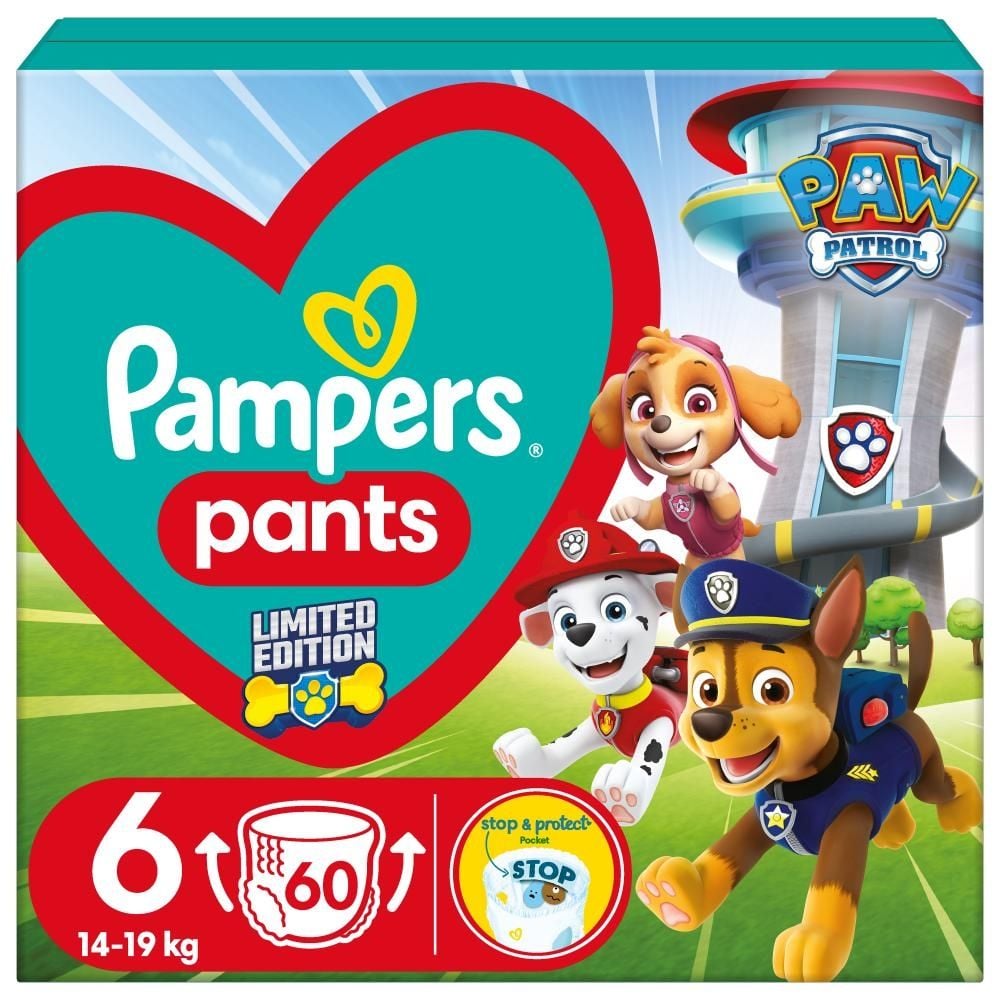 Pampers Baby-Dry Nappy Pants Pieluchomajtki edycja Psi Patrol rozmiar 6, 60 pieluszek, 14kg-19kg