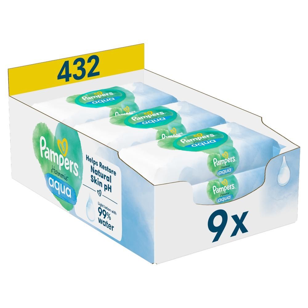 Pampers Harmonie Aqua Chusteczki nawilżane, 9 opakowań = 432 szt