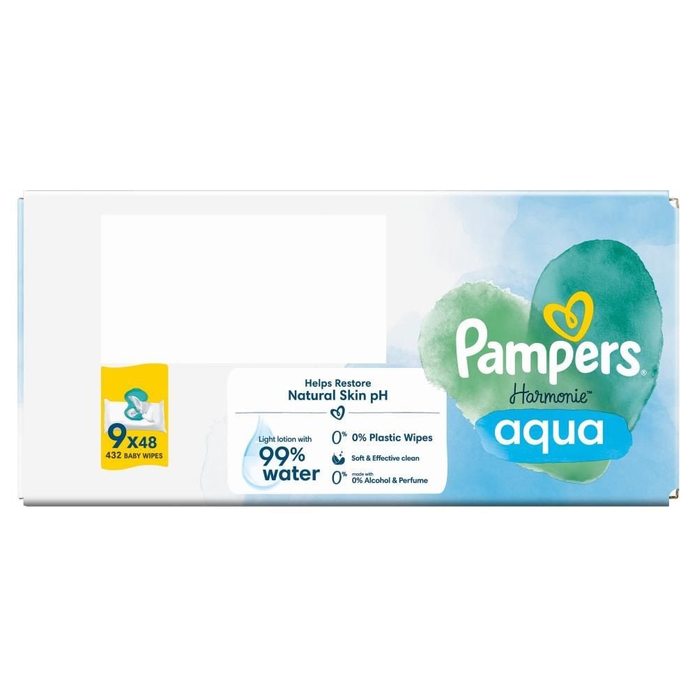 Pampers Harmonie Aqua Chusteczki nawilżane dla dzieci, 9 opakowania = 432 chusteczek