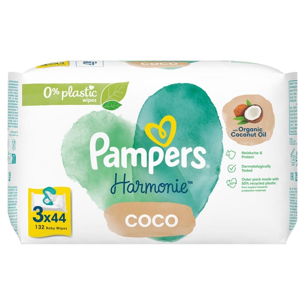 Pampers Harmonie Coco Chusteczki Nawilżane Dla Dzieci, 3 Opakowania = 132 Chusteczek