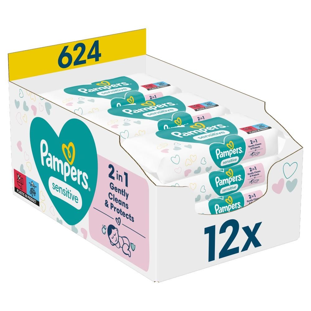 Pampers Sensitive Chusteczki nawilżane dla dzieci, 12 opakowania = 624 chusteczek