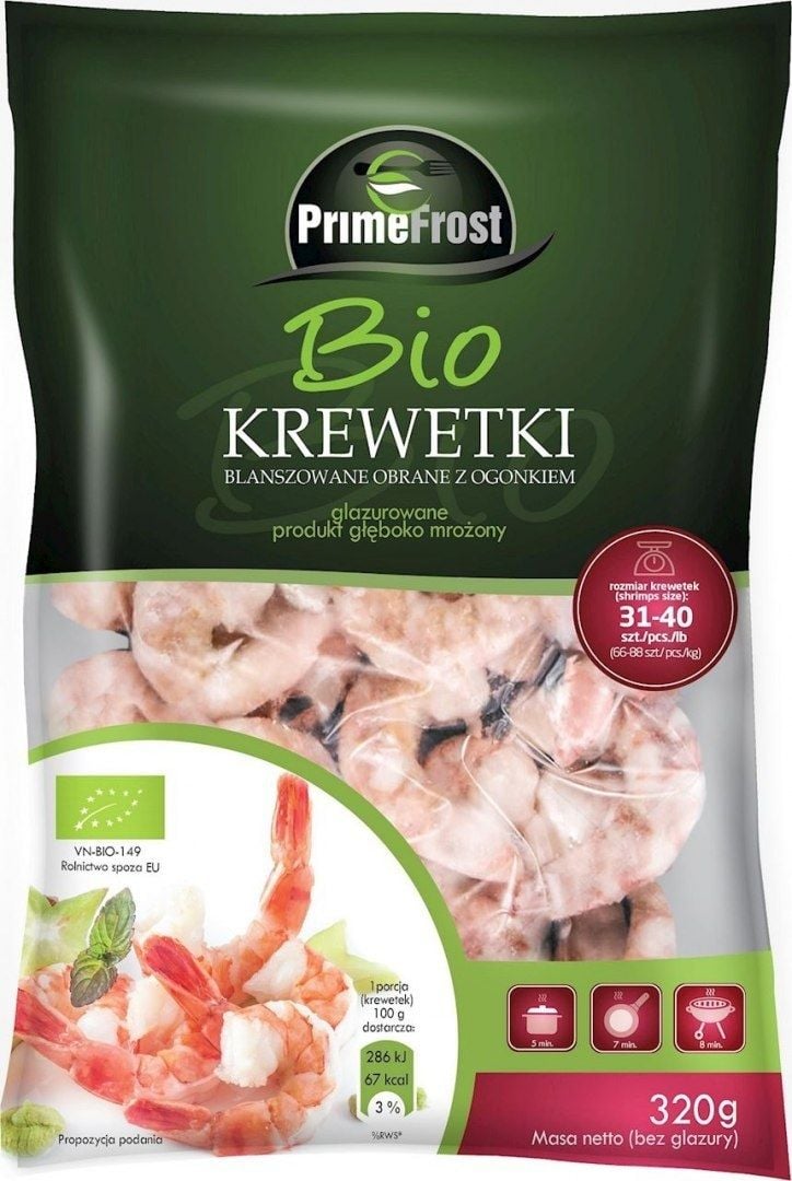 Primefrost krewetki bananowe blanszowane obrane z ogonkiem mrożone BIO 320 g