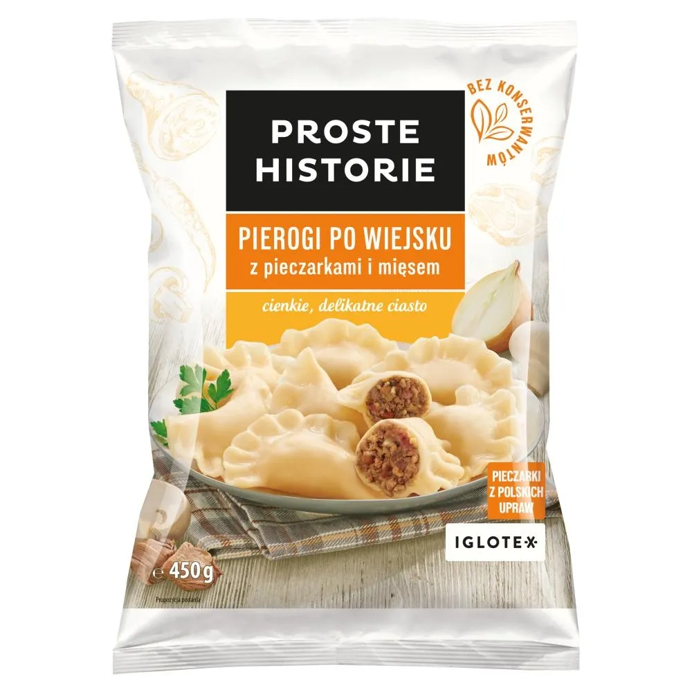 Proste Historie Pierogi po wiejsku z pieczarkami i mięsem 450 g