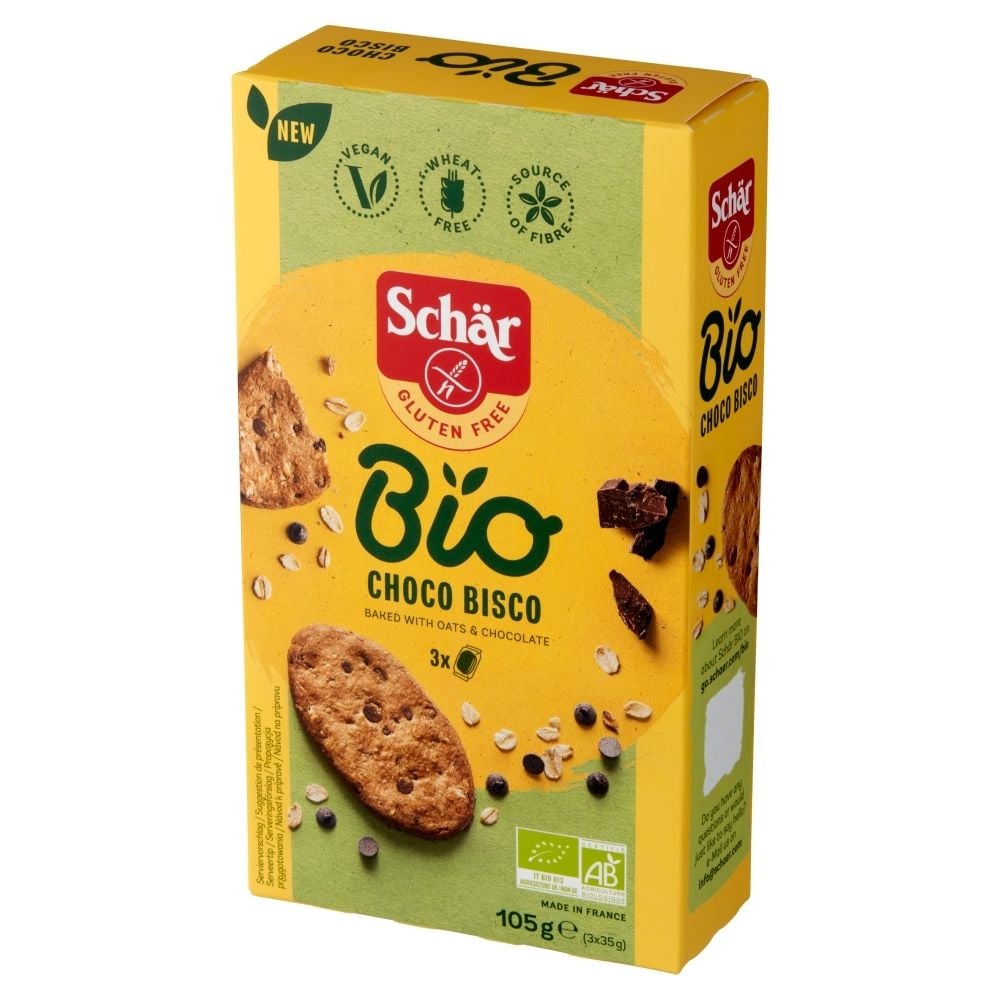 Schär Bio Choco Bisco Bezglutenowe ekologiczne ciastka z owsem i ciemną