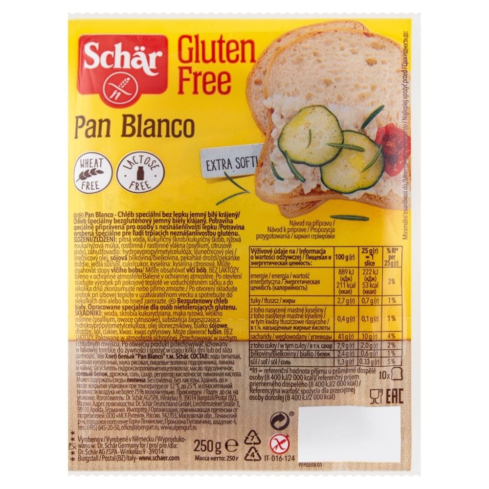 Schär Pan Blanco Bezglutenowy chleb biały 250 g (10 sztuk) Zakupy