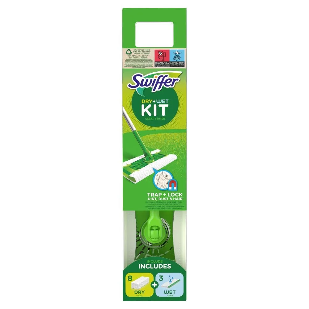 Swiffer Zestaw startowy zawierający 1 mop, 8 suchych ściereczek do zbierania kurzu z podłóg