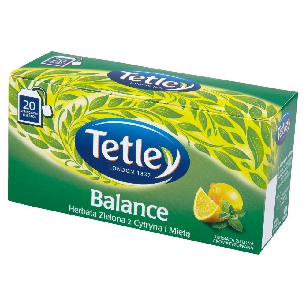 Tetley Balance Herbata Zielona z Cytryną i Miętą aromatyzowana 30 g (20 torebek)