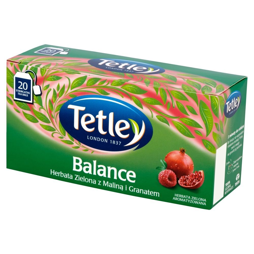 Tetley Balance Herbata Zielona z Maliną i Granatem aromatyzowana 30 g (20 torebek)