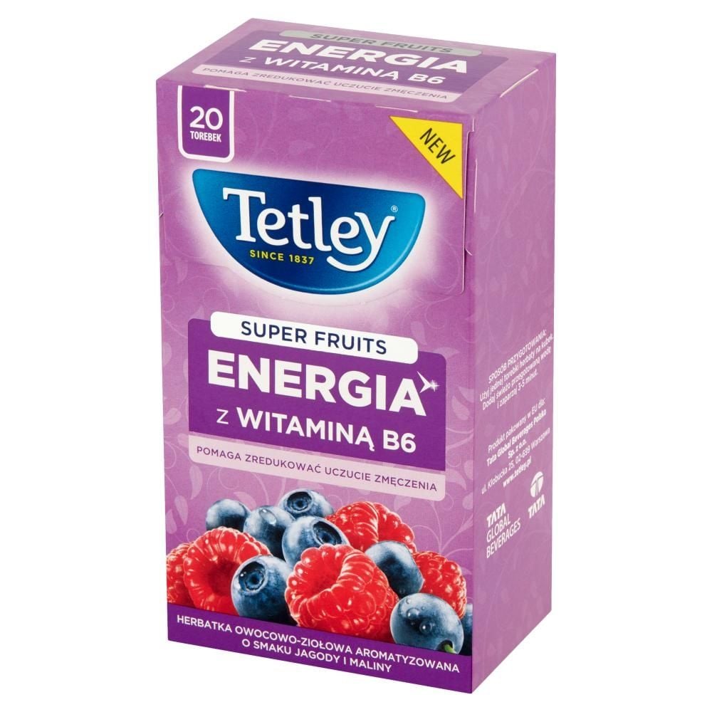 Tetley Super Fruits Energia Herbatka owocowo-ziołowa o smaku jagody i maliny 40 g (20 torebek)