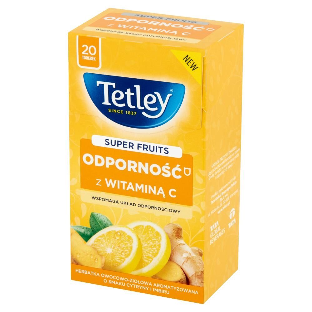 Tetley Super Fruits Odporność Herbatka owocowo-ziołowa o smaku cytryny i imbiru 40 g (20 torebek)