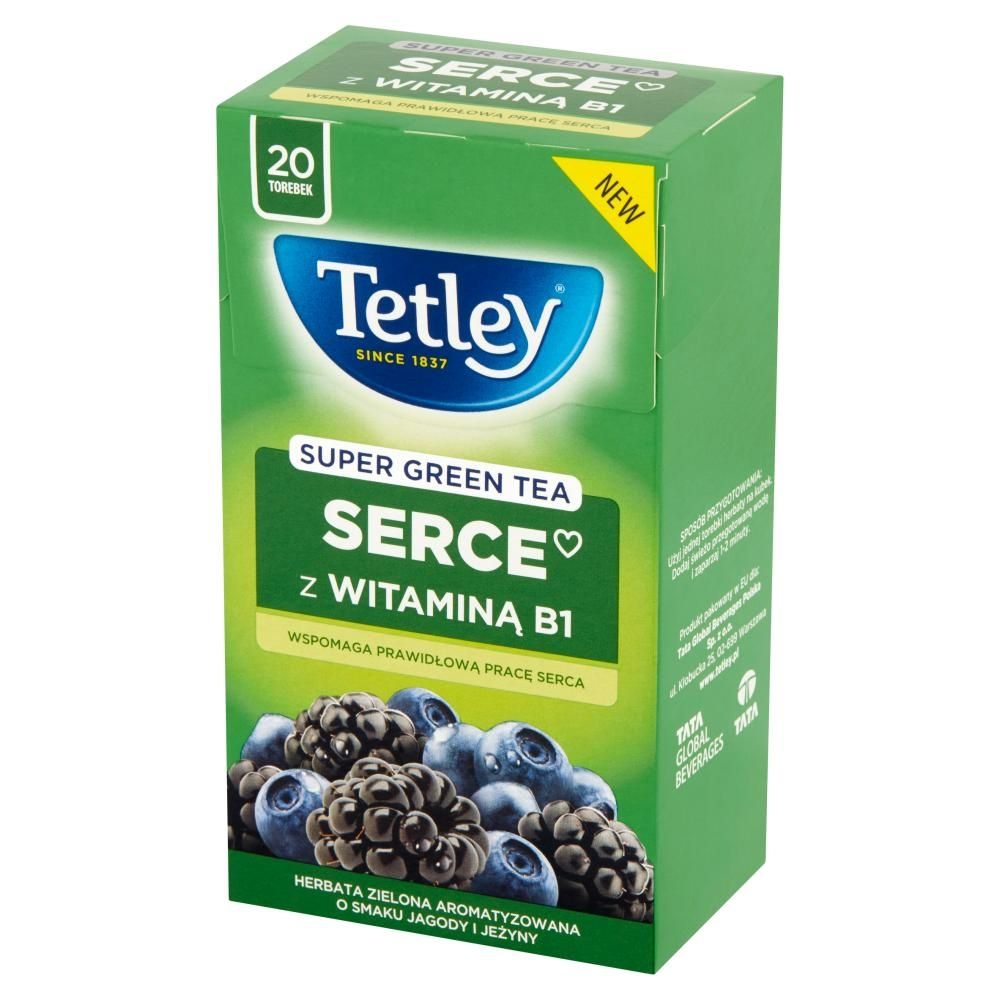 Tetley Super Green Tea Serce Herbata zielona o smaku jagody i jeżyny 40 g (20 torebek)