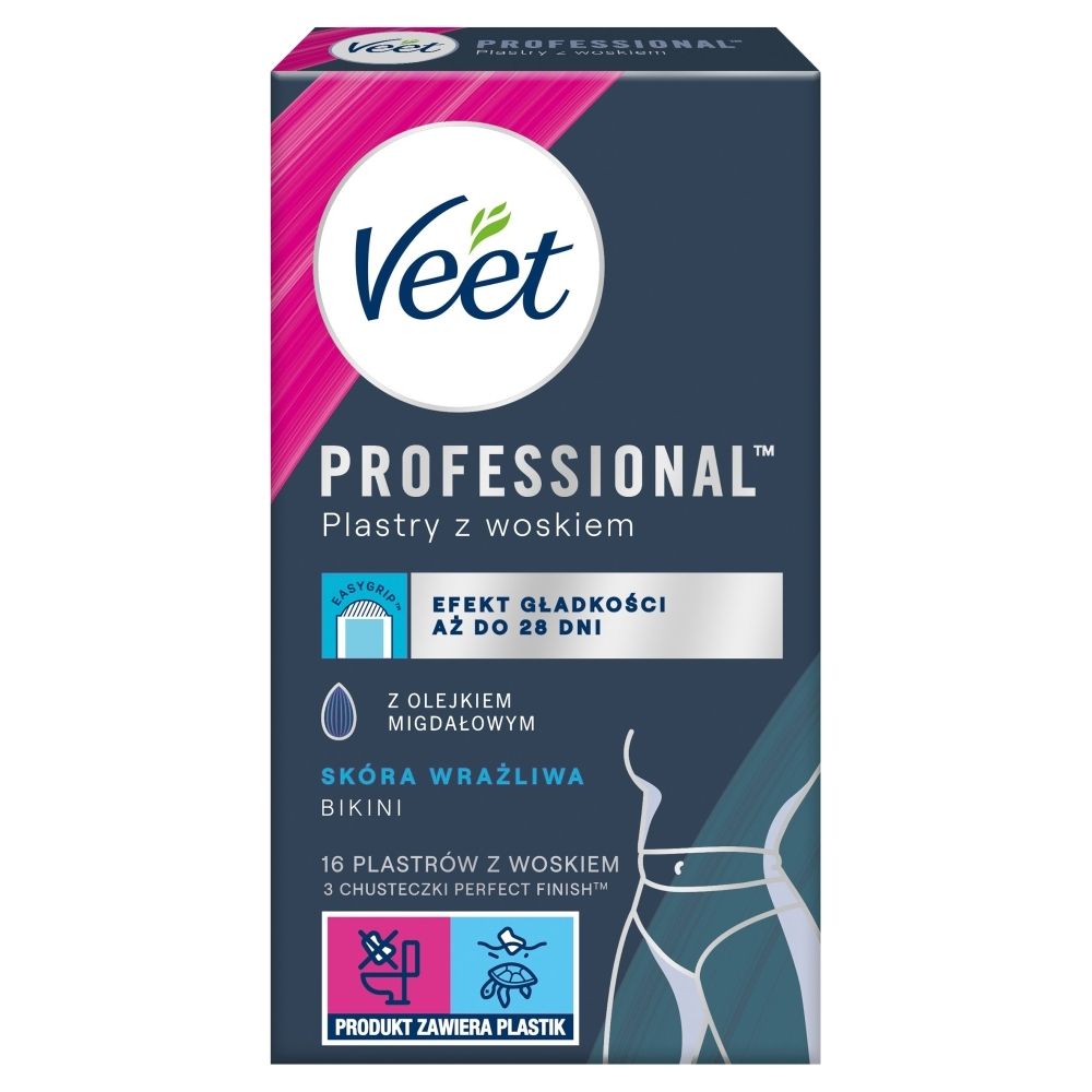 Veet Professional Plastry z woskiem skóra wrażliwa 16 sztuk i 3 chusteczki