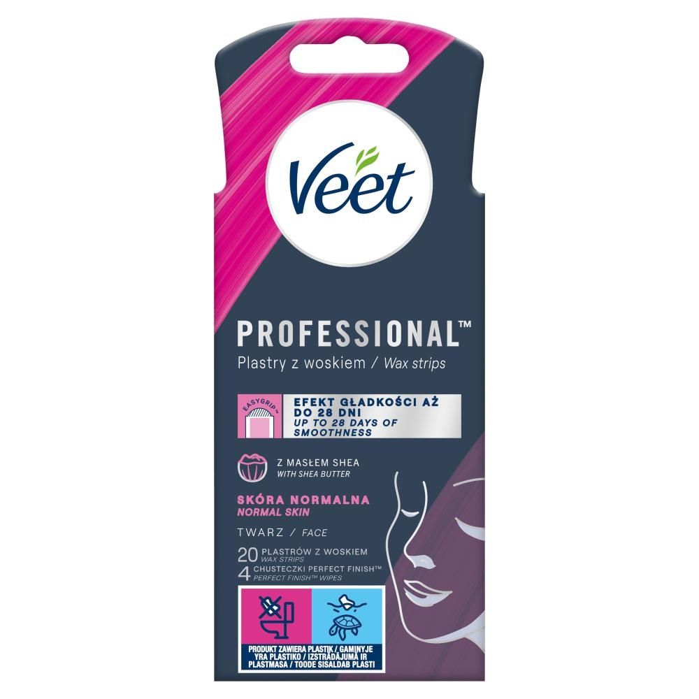 Veet Professional Plastry z woskiem skóra normalna 20 sztuk i 4 chusteczki