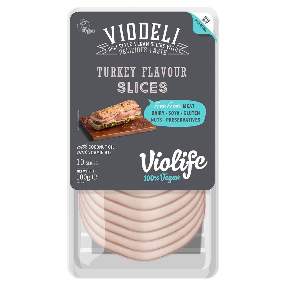 Violife Viodeli Produkt na bazie oleju kokosowego plastry o smaku indyka 100 g (10 sztuk)