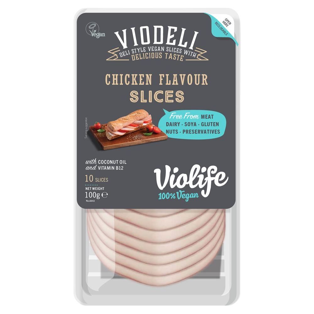 Violife Viodeli Produkt na bazie oleju kokosowego plastry o smaku kurczaka 100 g (10 sztuk)