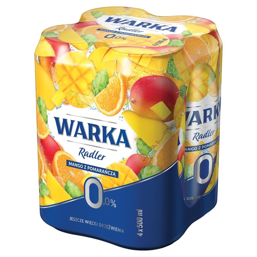 Warka Radler Bezalkoholowy napój piwny z lemoniadą o smaku mango i pomarańczy 4 x 500 ml