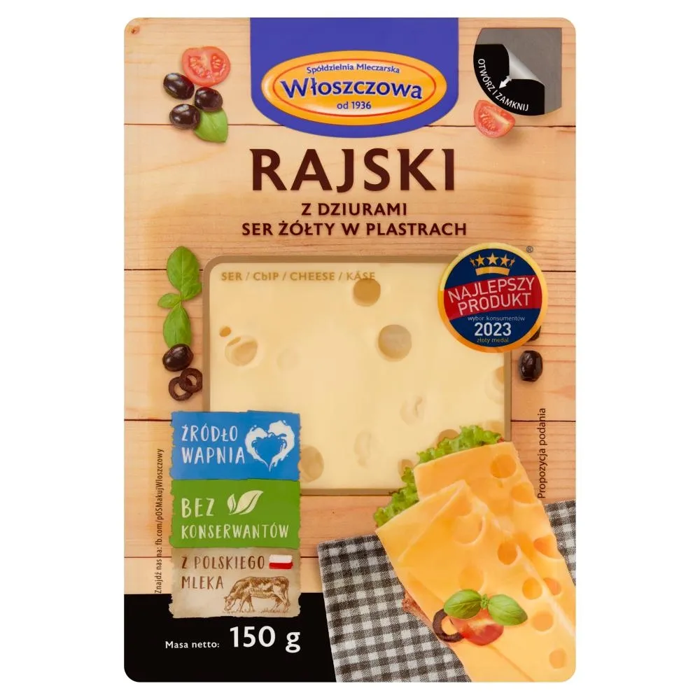 Włoszczowa Ser żółty w plastrach rajski z dziurami 150 g