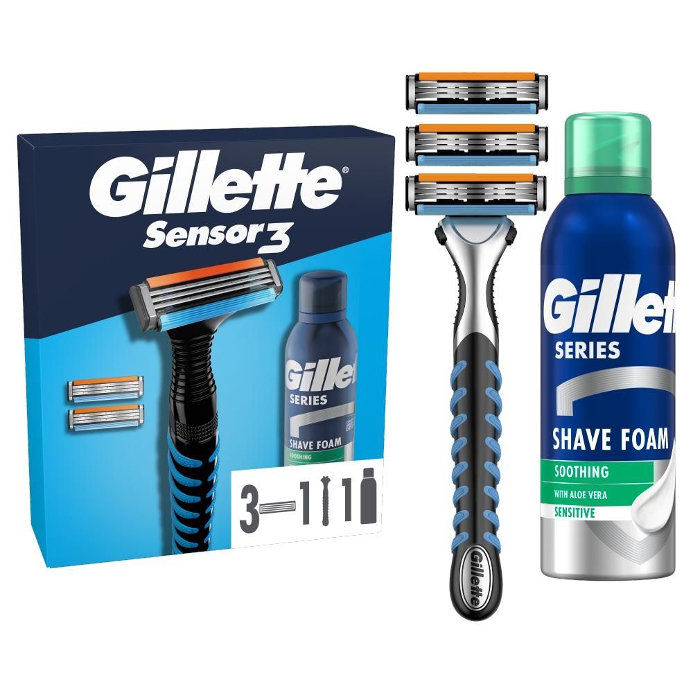 Zestaw podarunkowy Gillette: maszynka do golenia Sensor3, 3 ostrza wymienne, pianka do golenia